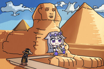 1girl ancient_egyptian ancient_egyptian_clothes bing_huyue chest_jewel chibi circlet cloud dress eating eating_non-food egypt fubuchun gem gem_hair_ornament great_pyramid_of_giza great_sphinx_of_giza hand_jewel highres hololive hololive_english koseki_bijou koseki_bijou_(1st_costume) long_hair material_growth multicolored_gem purple_eyes purple_footwear purple_gem purple_hair pyramid pyramid_(structure) simple_background sitting sky sleeveless sleeveless_dress statue virtual_youtuber