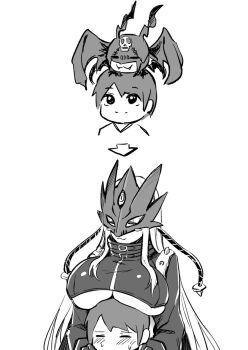 1boy 1girl age_difference arrow_(symbol) beelstarmon breast_rest breasts breasts_on_head closed_eyes digimon digimon_(creature) evolutionary_line eye_mask gloves highres large_breasts long_hair mask monochrome nekomaru_(nekko_11kf00) onee-shota picodevimon revealing_clothes simple_background sketch smile teeth third_eye underboob upper_teeth_only