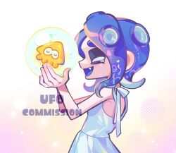 Rule 34 | 1girl, blue hair, closed eyes, commentary request, commission, dress, fang, highres, korean commentary, medium hair, nintendo, octoling, octoling girl, octoling player character, open mouth, sleeveless, sleeveless dress, smile, solo, splatoon (series), tearing up, tentacle hair, thick eyebrows, ufo sw, watermark, white dress