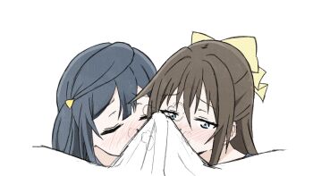 1boy 2girls absurdres black_hair brown_hair closed_eyes erection hetero highres love_live! love_live!_nijigasaki_high_school_idol_club multiple_girls osaka_shizuku penis penis_on_face shizuwonderland smelling smelling_penis yuki_setsuna