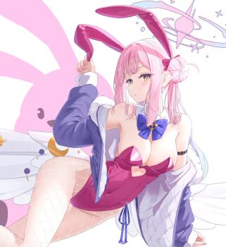 1girl animal_ears arm_strap armpit_peek blue_archive breasts cleavage closed_mouth clothing_cutout coat collar commentary_request covered_navel daran9 detached_collar fake_animal_ears feet_out_of_frame fishnet_hiphighs fishnets fur-trimmed_coat fur_trim hair_between_eyes halo hand_up heart_cutout highres hiphighs large_breasts leotard long_hair long_sleeves looking_at_viewer mika_(blue_archive) off_shoulder open_clothes open_coat pink_hair pink_halo pink_leotard purple_coat rabbit_ears solo strapless strapless_leotard white_collar white_wings wing_ornament wings yellow_eyes