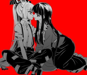 2girls boots bow bowtie collared_shirt commentary eye_contact footwear_bow frilled_shirt_collar frills fujiwara_no_mokou greyscale_with_colored_background hair_bow highres houraisan_kaguya imminent_kiss long_hair long_skirt long_sleeves looking_at_another multiple_girls ofuda ofuda_on_clothes pants red_background shirt short_sleeves simple_background sitting skirt smile suspenders tamiko_(tamik0224) torn_clothes torn_sleeves touhou very_long_hair wide_sleeves yuri