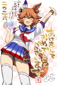 1girl animal_ears arm_up bead_bracelet beads blue_sailor_collar blue_skirt blush bracelet breasts clover_hair_ornament commentary_request crystal_ball daruma_doll daruma_doll_hair_ornament doll_hair_ornament ear_covers ema flipped_hair four-leaf_clover_hair_ornament hair_between_eyes hair_ornament highres holding holding_orb horse_ears horse_girl horse_tail jewelry large_breasts matikanefukukitaru_(rising_fortune)_(umamusume) matikanefukukitaru_(umamusume) neckerchief open_mouth orange_hair orb red_neckerchief sailor_collar school_uniform serafuku shirt short_hair short_sleeves single_ear_cover skirt smile solo star-shaped_pupils star_(symbol) symbol-shaped_pupils tail thighhighs umamusume wasabina_gyochi white_shirt white_thighhighs