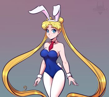 1girl bishoujo_senshi_sailor_moon blonde_hair blue_eyes blue_leotard breasts collarbone commentary detached_collar double_bun english_commentary hair_bun leotard long_hair looking_at_viewer medium_breasts necktie pantyhose parted_bangs playboy_bunny red_necktie scorpdk simple_background smile solo tsukino_usagi twintails white_pantyhose