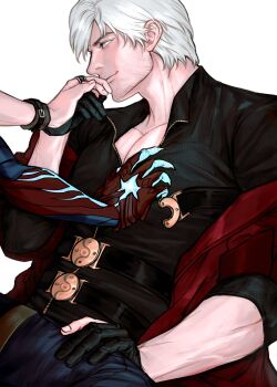 2boys belt black_belt black_gloves black_shirt blue_eyes closed_mouth collarbone collared_shirt commentary dante_(devil_may_cry) demon_boy devil_may_cry devil_may_cry_(series) devil_may_cry_4 gloves hand_on_another&#039;s_thigh highres holding_hands male_focus matchi_(2646291181) multiple_boys nero_(devil_may_cry) open_collar parted_hair partial_transformation partially_fingerless_gloves pectoral_cleavage pectorals shirt simple_background symbol-only_commentary uncle_and_nephew white_background white_hair yaoi zipper