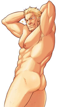 1boy abs armpit_hair armpits arms_behind_head arms_up ass bandaid bandaid_on_face bara bare_pectorals beard_stubble biceps blonde_hair cid_highwind closed_mouth commentary_request completely_nude facial_hair final_fantasy final_fantasy_vii looking_at_viewer magnum_feering male_focus muscular muscular_male nipples nude one_eye_closed pectorals smile star_(symbol) stubble tongue tongue_out white_background