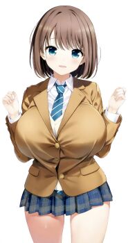 1girl animal_ears arm_up blazer blue_eyes blue_necktie blue_skirt blush breasts brown_hair brown_jacket bursting_breasts button_gap collared_shirt cowboy_shot diagonal-striped_clothes diagonal-striped_necktie highres huge_breasts impossible_clothes jacket kobayashi_ritz large_breasts long_sleeves looking_at_viewer miniskirt necktie non-web_source parted_lips plaid_clothes plaid_skirt pleated_skirt saki_(manga) school_uniform shiraitodai_school_uniform shirt short_hair skirt smile solo striped_clothes taut_clothes thighs unozawa_shiori white_background white_shirt
