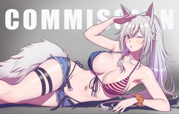 1girl andrian_januar_adilia animal_ear_fluff animal_ears arm_scrunchie arm_support arm_up armpits bare_shoulders bikini black_straps breasts commission front-tie_bikini_top front-tie_top grey_hair highres horse_ears horse_girl large_breasts long_hair lying micro_shorts navel on_side one_eye_closed original ponytail shorts solo stomach swept_bangs swimsuit tail thigh_strap veins veiny_breasts