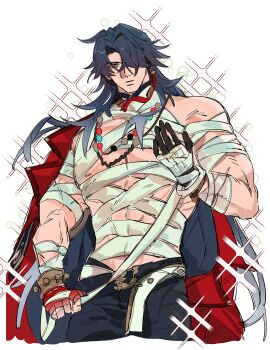 1boy absurdres ahoge bandages beads belt blade_(elation)_(honkai:_star_rail) blade_(honkai:_star_rail) blue_hair bracelet c4l1k0c4t commentary earrings english_commentary gloves gradient_hair hair_over_one_eye highres honkai:_star_rail honkai_(series) jacket jewelry long_hair multicolored_hair muscular muscular_male necklace open_clothes pants red_jacket single_earring single_glove sparkle tassel very_long_hair yellow_eyes