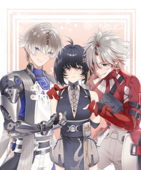 1girl 2boys absurdres bare_shoulders black_dress black_gloves black_hair blue_eyes blue_shirt breasts brown_hair closed_mouth coat colored_inner_hair dress earrings female_rover_(wuthering_waves) gloves hair_between_eyes hair_ornament hairclip heterochromia highres jacket jewelry long_hair mechanical_arms mechanical_hands multicolored_hair multiple_boys parted_bangs red_eyes rover_(wuthering_waves) scar scar_(wuthering_waves) scar_across_eye scar_on_face shirt short_hair single_mechanical_arm single_mechanical_hand smile snowcat stud_earrings two-tone_hair white_hair wuthering_waves xiangli_yao_(wuthering_waves) yellow_eyes