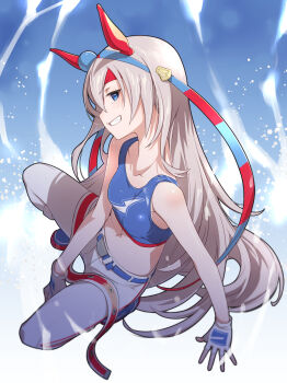 1girl absurdres animal_ears bare_shoulders belt blue_eyes blue_hairband blue_sports_bra blush breasts commentary_request ear_covers fingerless_gloves fune_(fune83ojj) gloves grey_hair grey_tail grin hair_between_eyes hairband headband highres horse_ears horse_girl horse_tail lightning_bolt_print lightning_bolt_symbol long_hair midriff multicolored_hairband navel open_mouth pants red_belt red_headband small_breasts smile sports_bra striped_clothes striped_hairband tail tamamo_cross_(fast_as_lightning)_(umamusume) tamamo_cross_(umamusume) teeth two-tone_hairband umamusume very_long_hair white_gloves white_pants