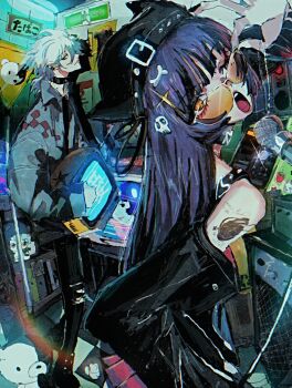 1boy 1girl absurdres black_choker black_hat black_pants bone_hair_ornament choker commentary danganronpa_(series) danganronpa_2:_goodbye_despair english_commentary grey_jacket hair_ornament hat highres jacket jojidoboro komaeda_nagito long_hair looking_at_viewer microphone one_eye_closed open_mouth pants skull_hair_ornament sunglasses white_hair yellow_eyes
