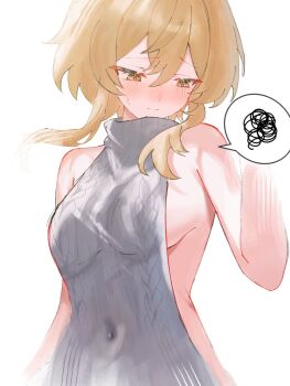 Rule 34 | 1girl, backless outfit, bare back, bare shoulders, blonde hair, blush, breasts, closed mouth, commentary request, dress, genshin impact, grey sweater, hair between eyes, highres, looking down, lumine (genshin impact), naked sweater, oisimatya, ribbed sweater, short hair, short hair with long locks, sideboob, sidelocks, simple background, sleeveless, sleeveless sweater, sleeveless turtleneck, speech bubble, spoken squiggle, squiggle, sweater, sweater dress, turtleneck, turtleneck sweater, virgin killer sweater, white background