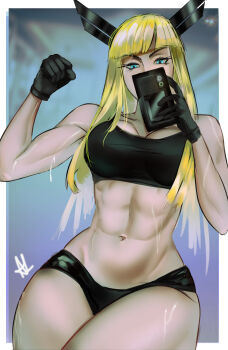 1girl abs absurdres arialla_draws artist_logo bare_shoulders black_gloves black_sports_bra blonde_hair blue_eyes cellphone commentary english_commentary gloves highres holding holding_phone logo long_hair magik_(x-men) marvel marvel_rivals mirror_selfie muscular muscular_female navel phone selfie simple_background smartphone solo spikes sports_bra taking_picture thighs x-men