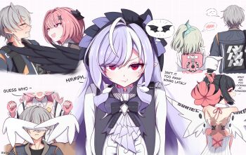 Rule 34 | 1boy, 5girls, absurdres, aria (human) (zenless zone zero), aria (zenless zone zero), ascot, backless dress, backless outfit, bag, bare shoulders, black hair, black wings, blue jacket, bow, breast curtains, center frills, closed eyes, closed mouth, colored inner hair, commentary, dress, drill hair, drill sidelocks, english text, fingerless gloves, frills, gloves, green hair, grey background, grey hair, hairband, hermit 3kura, highres, jacket, long hair, looking at another, mole, mole under eye, multicolored hair, multiple girls, nangong yu, pink bag, pink gloves, pink hair, pointy ears, purple ascot, purple bow, purple hair, purple hairband, red eyes, remielle dan, scar, scar on back, shirt, short hair, sidelocks, spoken blush, sunna (zenless zone zero), vivian banshee, white dress, white shirt, white wings, winged bag, wings, wise (zenless zone zero), zenless zone zero