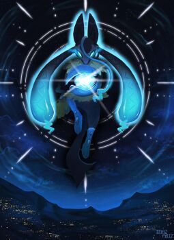 1other absurdres animal_ears aura aura_sphere_(pokemon) black_fur blue_aura blue_eyes blue_fur body_fur floating full_body furry gen_4_pokemon glowing glowing_eyes highres imazartz lucario mega_lucario_z mega_pokemon multicolored_fur night night_sky nintendo pokemon pokemon_(creature) pokemon_focus pokemon_legends:_z-a sky solo tail yellow_fur