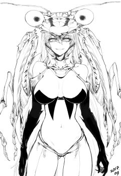 1girl antennae arthropod_girl bad_id bad_pixiv_id bare_shoulders breasts breasts_apart claws contrapposto cowboy_shot dated extra_arms extra_eyes extra_mouth female_focus gluteal_fold greyscale grin hair_between_eyes j.k. large_breasts long_hair looking_at_viewer mandibles mantis mantis_girl monochrome monster_girl navel original pants simple_background smile solo standing white_background