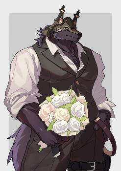1boy absurdres bara belt black_pants black_vest border bouquet chest_hair closed_mouth commentary_request flower furry furry_male highres lvluri_(murimurri670) male_focus muscular muscular_male pants rolf_(world_flipper) rose solo thigh_strap vest white_border white_flower white_rose wolf_boy world_flipper yellow_eyes