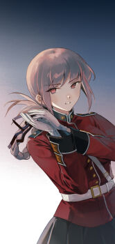 1girl absurdres black_skirt buttons commentary english_commentary fate/grand_order fate_(series) florence_nightingale_(fate) folded_ponytail gloves highres looking_at_viewer mandarin_collar pink_hair red_eyes skirt solo upper_body white_gloves yorktown_cv-5