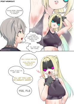 1boy 1girl absurdres armpit_crease armpits blonde_hair breasts english_text green_eyes grey_hair highres large_breasts mask ponytail presenting_armpit simple_background speech_bubble sports_bra steam sunoyukey sweat tongue tongue_out trigger_(zenless_zone_zero) white_background wise_(zenless_zone_zero) zenless_zone_zero