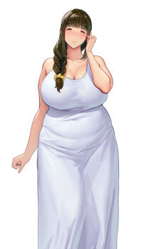 1girl bare_arms bare_shoulders black_eyes blush braid braided_ponytail breasts brown_hair cleavage closed_mouth commentary_request dress feet_out_of_frame hand_up head_tilt huge_breasts kurosu_gatari light_smile long_hair low_side_ponytail mature_female original plump simple_background sleeveless sleeveless_dress solo standing white_background white_dress