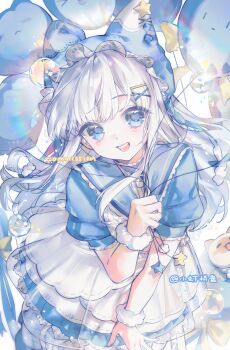 1girl :d absurdres balloon blue_choker blue_eyes blue_hat blue_sailor_collar blue_shirt blush choker cowboy_shot frilled_choker frilled_sleeves frills fur_wrist_cuffs grey_hair hair_ornament hairclip hat highres holding holding_balloon long_hair looking_at_viewer open_mouth original sailor_collar shirt short_sleeves skirt smile solo teeth upper_teeth_only white_skirt wrist_cuffs x_hair_ornament xiao_xia_pin_pan