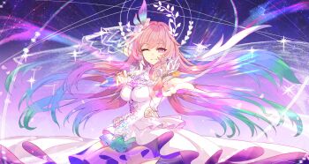 1girl absurdres aqua_hair blue_hair breasts colored_tips commentary cyrene_(honkai:_star_rail) cyrene_(ripples_of_past_reverie)_(honkai:_star_rail) dress finger_gun flower gradient_hair hair_flower hair_ornament hashtag-only_commentary highres honkai:_star_rail honkai_(series) jewelry kuwahara_taiki large_breasts long_hair looking_at_viewer multicolored_hair one_eye_closed outstretched_arm parted_lips pink_eyes pink_hair purple_background purple_flower purple_rose revision ring rose smile solo wedding_ring white_dress