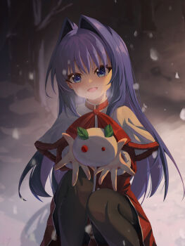 1girl :d absurdres bare_tree black_thighhighs blue_eyes blue_hair breath capelet cold commentary dress feet_out_of_frame fur-trimmed_capelet fur_trim hair_between_eyes hair_intakes hands_up happy highres holding kanon knees_up long_hair looking_at_viewer minase_nayuki neck_ribbon night open_mouth outdoors outstretched_hand red_dress red_ribbon ribbon sakura_koigetsu school_uniform shadow short_dress signature smile snow_rabbit snowing solo squatting thighhighs tree very_long_hair white_capelet winter