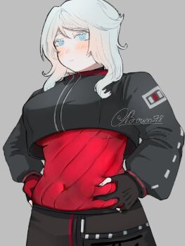 Rule 34 | 1girl, archery shooting glove, belly grab, black gloves, black pants, blue eyes, blush, boun578, breasts, covered navel, faust (project moon), gloves, large breasts, limbus company, long sleeves, pants, partially fingerless gloves, project moon, red shirt, shi association east uniform, shirt, signature, simple background, solo, standing, white hair