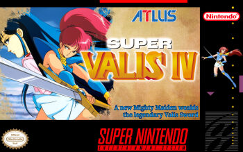 Rule 34 | 2girls, asou yuuko, atlus, bare shoulders, blue hair, game console, lena brand, looking back, miniskirt, mugen senshi valis, multiple girls, ponytail, red hair, skirt, super nintendo, valis, valis iv, wristband