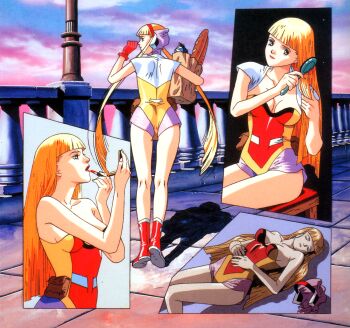 Rule 34 | 1990s (style), applying lipstick, applying makeup, applying own makeup, back, bag, baguette, blonde hair, blunt bangs, boots, bread, breasts, brushing hair, brushing own hair, casshern (series), cleavage, closed eyes, compact (cosmetics), cosmetics, day, food, gloves, groceries, grocery bag, hair brush, hand on own stomach, holding, holding bag, holding hair brush, holding lipstick tube, kouzuki luna, leotard, lipstick, lipstick tube, long hair, lying, makeup, multiple views, non-web source, on back, outdoors, paper bag, profile, red boots, red gloves, red lips, retro artstyle, robot hunter casshern, scan, shopping bag, sitting, standing, strapless, strapless leotard, twintails, very long hair