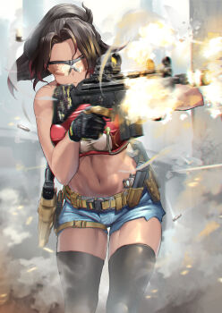 1girl aiming ammunition_pouch armband battle_rifle belt black_armband black_hair black_thighhighs blue_shorts commentary_request commission firing foregrip glock gloves goggles green_eyes gun h&amp;k_g3 h&amp;k_hk51 handgun heterochromia highres holster magazine_(weapon) mechanix_wear midriff original ponytail pouch rifle scope short_shorts shorts skeb_commission smoke solo submachine_gun thigh_strap thighhighs tinted_eyewear toned utsucan vertical_foregrip weapon yellow-tinted_eyewear