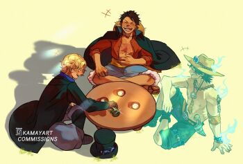 +++ 3boys ^_^ aged_up arm_tattoo black_coat black_hair black_shorts blonde_hair boots bottle brothers closed_eyes coat commentary commission cup hat highres holding holding_bottle indian_style jacket_mine jewelry laughing male_focus monkey_d._luffy multiple_boys necklace one_piece orange_hat pearl_necklace portgas_d._ace sabo_(one_piece) sandals scar scar_on_chest shadow short_hair shorts siblings sitting smile spirit straw_hat tattoo