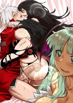 1boy 2girls black_hair blazblue blunt_bangs breasts coat commentary commission darkstalkers english_commentary french_kiss green_eyes green_hair haraya_manawari heart heart-shaped_pupils hug kiss morrigan_aensland multiple_girls ragna_the_bloodedge red_coat sex symbol-shaped_pupils tales_of_(series) tales_of_berseria velvet_crowe white_hair