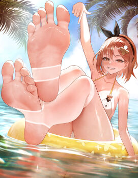 Rule 34 | 1girl, absurdres, atelier (series), atelier ryza, bikini, black hairband, breasts, brown eyes, brown hair, clover hair ornament, crossed ankles, feet, foot focus, hair between eyes, hair ornament, hairband, highres, large breasts, legs, looking at viewer, no shoes, on innertube, outdoors, over-kneehighs, palm tree, pointing, pointing down, reflection, reflective liquid, reisalin stout, short hair, smile, soles, solo, stirrup legwear, swim ring, swimsuit, thick thighs, thighhighs, thighs, toeless legwear, toenails, toes up, tree, ursica, water, wet, white bikini, white thighhighs