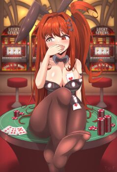 1girl absurdres ace_(playing_card) ace_of_diamonds ace_of_hearts averting_eyes bare_shoulders black_leotard blush bow breasts brown_pantyhose card casino casino_card_table cleavage commission covering_face daiya_fortuna detached_collar diamond_(shape) embarrassed english_text feet hair_between_eyes hair_ornament hair_tie hairclip heart heterochromia highleg highres large_breasts leotard long_hair mischiefmiz pantyhose pixellink playboy_bunny playing_card poker_chip rabbit_ears red_eyes red_hair seven_of_hearts side_ponytail signature sitting sitting_on_table six_of_diamonds slot_machine stool strapless symbol-shaped_pupils table three_of_diamonds very_long_hair virtual_youtuber white_eyes