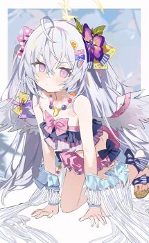 1girl ahoge all_fours angel_wings azusa_(blue_archive) bead_necklace beads bikini blue_archive flower food-themed_hair_ornament frilled_bikini frills hair_between_eyes hair_flower hair_ornament halo highres jewelry long_hair measho necklace pink_hair pink_skirt sandals skirt solo swimsuit white_hair wing_ornament wings wrist_cuffs yellow_halo