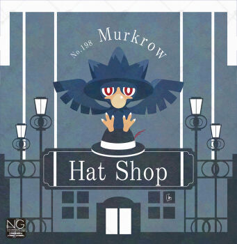 animal_focus beak bird bright_pupils character_name english_text gen_2_pokemon hat highres lamppost meme_(sleepsheep) murkrow nintendo no_humans pokemon pokemon_(creature) pokemon_focus red_eyes spread_wings talons white_pupils wings