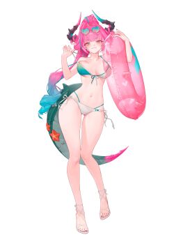 1girl 2bmm2 absurdres aqua_hair aqua_streaks arknights arknights:_endfield bikini blue_eyes breasts cleavage commentary_request dragon_girl dragon_horns dragon_tail drill_hair eyewear_on_head feet fingernails front-tie_bikini_top front-tie_top full_body gradient_hair green_bikini hair_intakes hair_on_horn heart heart-shaped_eyewear high_ponytail highres holding holding_swim_ring horns innertube korean_commentary large_breasts legs lifebuoy long_hair looking_at_viewer multicolored_bikini multicolored_hair multicolored_horns nail_polish navel pink_hair pink_horns pink_nails pointy_ears ponytail sandals side-tie_bikini_bottom simple_background single_drill smile solo standing streaked_hair swim_ring swimsuit tail tinted_eyewear toenail_polish toenails toes twin_drills two-tone_bikini white_background white_bikini yvonne_(arknights)