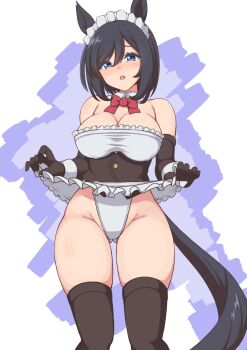 1girl absurdres animal_ears apron apron_lift bare_shoulders black_corset black_gloves black_hair black_tail black_thighhighs blue_eyes blush bow bowtie breasts cleavage clothes_lift commentary_request corset detached_collar eishin_flash_(umamusume) elbow_gloves feet_out_of_frame frilled_apron frills gloves gluteal_fold hair_between_eyes hakutaqanta highleg highleg_leotard highres horse_ears horse_girl horse_tail large_breasts leotard lifting_own_clothes looking_at_viewer open_mouth red_bow red_bowtie short_hair simple_background skindentation solo standing tail thick_thighs thighhighs thighs umamusume waist_apron white_apron white_leotard