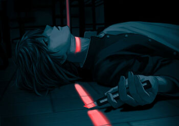 1boy boxcutter commentary_request crack_of_light dark gakuran highres holding holding_boxcutter indoors jacket looking_at_viewer lying male_focus nil_(pixiv_53614557) on_back open_clothes open_jacket randal&#039;s_friends school_uniform short_hair solo tsukada_satoru upper_body