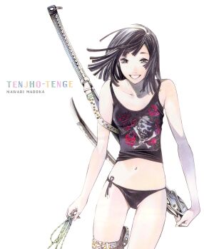 Rule 34 | 1girl, black hair, black panties, camisole, crease, flat chest, flower, grey eyes, highres, katana, lingerie, mawari madoka, midriff, navel, official art, oogure ito, panties, rose, scan, short hair, side-tie clothing, side-tie panties, skull, skull and crossbones, smile, solo, sword, tank top, tenjou tenge, thigh strap, underwear, weapon