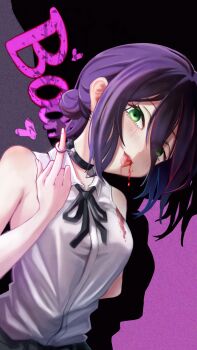1girl absurdres black_choker black_ribbon blood blood_from_mouth blood_on_clothes chainsaw_man choker collared_shirt green_eyes grenade_pin hair_between_eyes hair_bun heart highres looking_at_viewer middle_finger neck_ribbon purple_hair raku29_shi reze_(chainsaw_man) ribbon shirt sleeveless sleeveless_shirt solo tongue tongue_out white_shirt