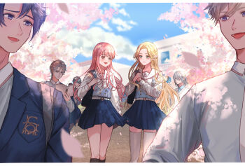 2girls 5boys aeon_(shining_nikki) alternate_universe backpack bag belt belt_buckle black_bag black_socks blazer blonde_hair blue_eyes blue_hair blue_jacket blue_shirt blue_skirt blue_vest book bow bowtie breast_pocket brother_and_sister brown_eyes buckle buttons cherry_blossoms collared_jacket commentary_request crest day dot_nose double-breasted elf eyelashes facial_mark falling_petals forehead gold_buckle green_eyes grey_hair grey_thighhighs hair_between_eyes half-siblings happy highres holding holding_bag holding_book instrument_case instrument_case_on_back jacket kneehighs knees kohanai_setsuna lapels leonid_(shining_nikki) light_blush loen_(shining_nikki) long_hair long_hair_between_eyes long_sidelocks looking_at_another lower_teeth_only marking_on_cheek medium_hair mercury_(shining_nikki) miniskirt modric_(shining_nikki) multiple_boys multiple_girls necktie nikki_(nikki) nikki_(series) notched_lapels one_side_up open_book open_mouth ophelia_(shining_nikki) outdoors parted_lips petals pink_hair pleated_skirt pocket pointy_ears reading sailor_collar school school_bag school_uniform shade shining_nikki shirt shirt_under_sweater short_hair siblings sidelocks skirt smile socks spring_(season) star_(symbol) star_facial_mark sweater talking teeth thighhighs tile_floor tiles tree upper_teeth_only v-neck very_long_hair vest violin_case wavy_hair white_belt white_bow white_bowtie white_necktie white_sailor_collar white_shirt white_sweater zettai_ryouiki