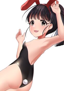 Rule 34 | 1girl, absurdres, animal ears, arm up, armpits, ass, black eyes, black hair, black leotard, blush, breasts, bunny day, collarbone, commentary request, fake animal ears, fake tail, fukuyama mai, highres, idolmaster, idolmaster cinderella girls, leotard, long hair, looking at viewer, open mouth, ponytail, rabbit ears, rabbit tail, ri5taccia, sideboob, sidelocks, small breasts, smile, solo, tail, thighs, white background