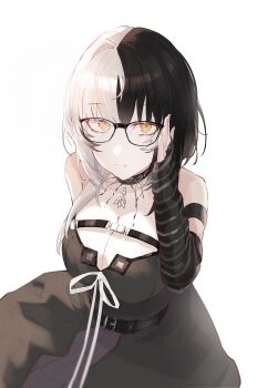 1girl absurdres arm_strap black_arm_warmers black_choker black_dress black_hair breasts choker cleavage closed_mouth dress glasses grey_hair highres hololive hololive_english kurochanai large_breasts long_hair looking_at_viewer multicolored_hair ribbon shiori_novella shiori_novella_(1st_costume) simple_background solo split-color_hair striped_arm_warmers two-tone_hair virtual_youtuber white_background white_ribbon yellow_eyes