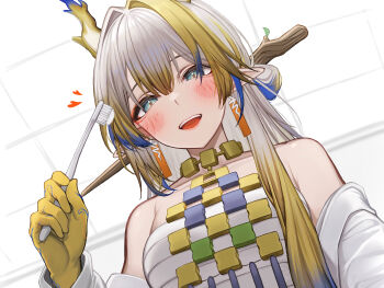 1girl absurdres aqua_eyes arknights bare_shoulders blonde_hair blush breasts commentary_request earrings from_below grey_hair hair_intakes highres holding holding_toothbrush horns jewelry looking_at_viewer multicolored_hair open_mouth pointy_ears shu_(arknights) small_breasts smile solo streaked_hair tab_head toothbrush yellow_hands yellow_horns
