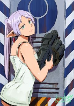 1girl bare_arms bare_shoulders closed_mouth dress earrings elf frieren gun highres holding holding_gun holding_weapon jewelry kanokoga long_hair looking_at_viewer looking_back marathon parted_bangs pointy_ears solo sousou_no_frieren twintails weapon white_dress white_hair