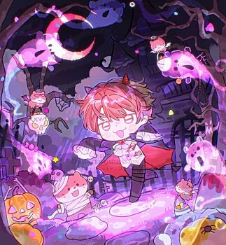 1boy :d absurdres bai_yang_zi black_cape black_pants black_shoes blush_stickers brown_eyes brown_hair cape chibi chibi_only crescent_moon fangs frilled_sleeves frills full_body ghost graveyard halloween highres long_sleeves looking_at_viewer male_focus moon night open_mouth original outdoors outstretched_arms pants red_cape red_eyes shoes short_hair sleeves_past_fingers sleeves_past_wrists smile solo standing