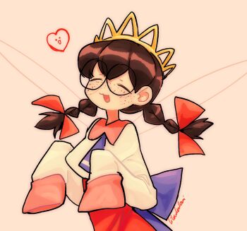 Rule 34 | 1girl, black hair, braid, closed eyes, fairy, fairy wings, freckles, glasses, heart, highres, kirby (series), kirby 64, lilowleelani, low twin braids, nintendo, ripple star queen, round eyewear, signature, sleeves past fingers, sleeves past wrists, solo, twin braids, wings